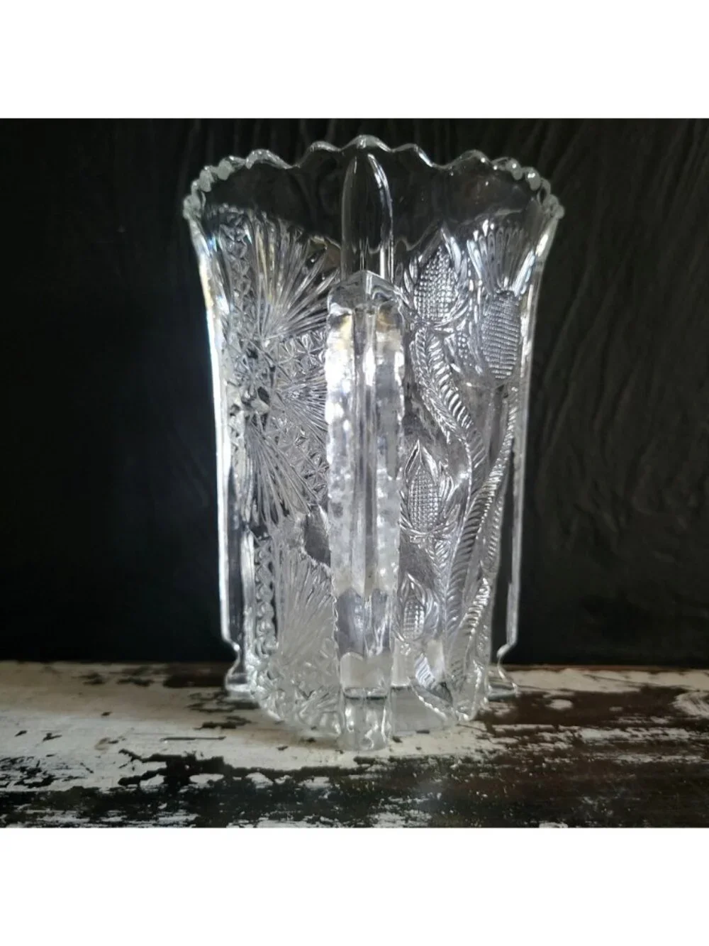 Antique JB Higbee Glass Inverted Thistle & Flower Two-Handled Spooner